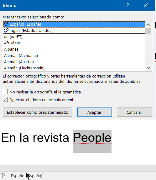 Ventana de selección de idioma de Word, que se accede desde la barra de idioma o desde Archivo - opciones - idioma para establecer el idioma por defecto