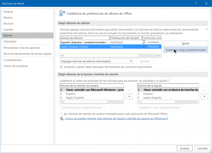 Captura de pantalla establecer idioma de Microsoft Word. Ir a Archivo - Opciones - Idioma - Predeterminado
