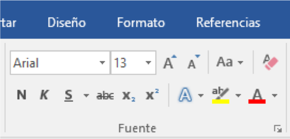 Captura de Microsoft Word de la barra de herramienta de fuente donde está seleccionado el tipo de letra Arial y tamaño 12 puntos