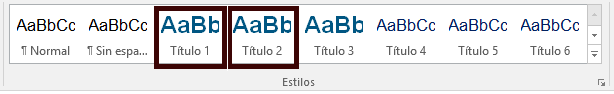 Sección de estilos en la barra de herramientas. Se ven seleccinados Ttiulo1 y Titulo2 para demostrar la importancia de usar los títulos para jerarquizar documentos
