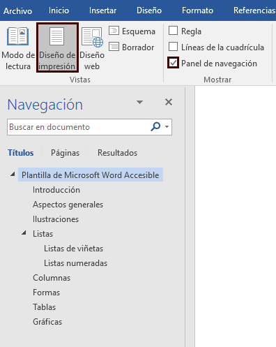 Panel de navegación de Word donde podemos desplazarnos por los diferentes apartados del documento. Se habilita desde Vista -> Panel de navegación