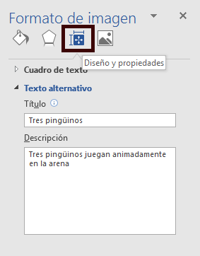 Se muestra panel de formato de imagen, tras haber pulsado en diseño y propiedades y texto alterantivo, se muestra la descripción introducida: Tres pinguinos juegan animadamente en la arena.