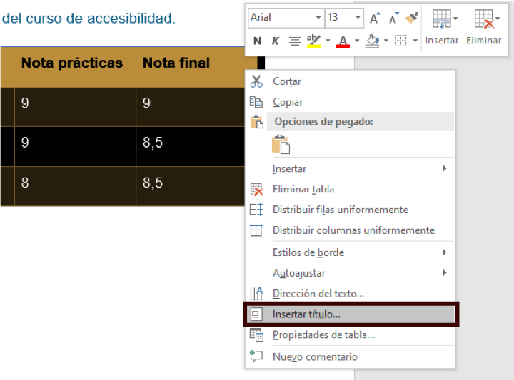 Instrucciones para insertar un título a una tabla, seleccionarla y con el botón derecho seleccionar insertar título