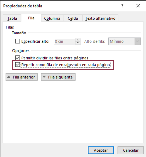 Ventana propiedades de Tabal, se muestra como se activa la casilla repetir encabezado en cada nueva página
