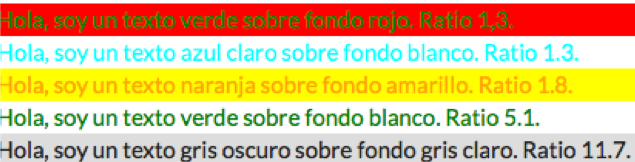 Se ven diferentes textos con bajo contraste entre color de texto y del fondo para demostrar lo dificil que es leerlos.