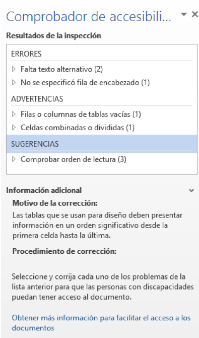 Se muestra el copmrobador de accesibilidad una vez ejecutado. Se muestran varios errores como falta texto alternativo, o no se especifica fila de encabezado.