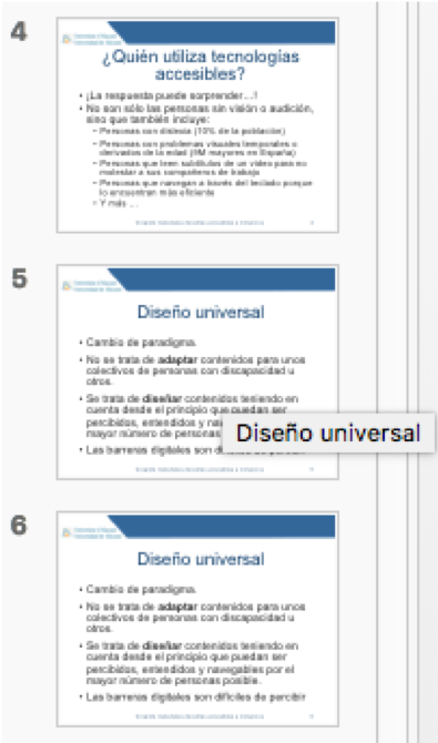 Se muestra el panel de diapositivas con tres diapositivas y el cursor situado sobre una diapositiva y aparece el título de la misma en un cuadro sobrepuesto