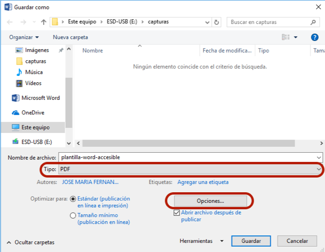 En la ventana de guardar archivo, seleccinamos tipo de archivo PDF y tenemos que pulsar sobre el botón opciones, seguir en la siguiente diaposita
