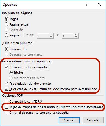 Ventana de opciones de guardar como PDF. Se muestran las casillas que hay que activar, leer en esta misma diapositiva dichas opciones.