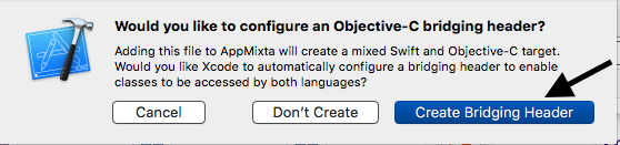 Cuadro de dialogo de la aplicación Xcode que pregunta si crear un Bridging Header