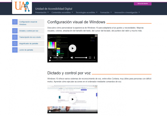 captura de pantalla de la página de los vide tutoriales de tecnologías accesibles