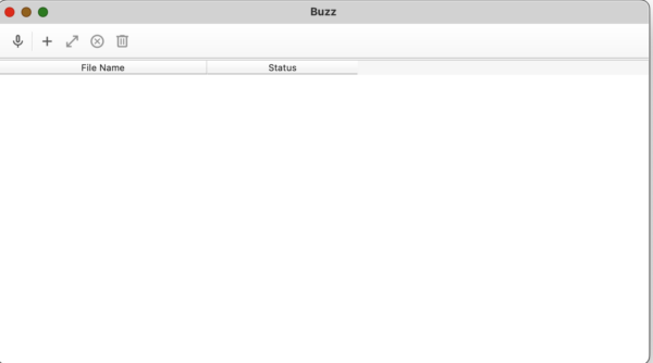 Captura de pantalla del programa Buzz con las opciones típicas de transcribir audio y parar y eliminar las tareas de transcripción