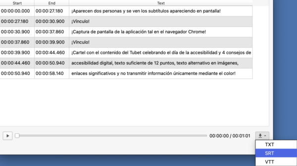 Ventana de descarga de transcripción en txt, srt, o vtt de la transcripción realizada con buzz