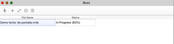 Ventana de guzz con una tarea de transcripción en proceso al 82%