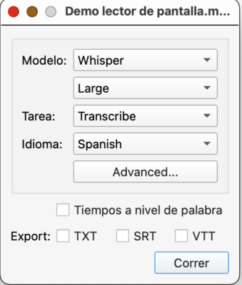 Ventana de opciones de transcripción de BUZZ con modelo whisper large seleccionado e idioma español