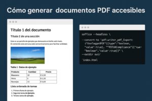 Cartel de ejemplo de documento accesible y el comando en la terminal de cómo ejecutarlo para generar un PDF accesible con LibreOffice desde un HTML